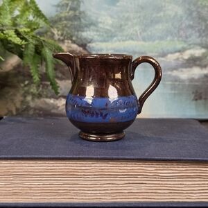 Vintage Mini Studio Pottery Creamer Pitcher Brown Blue Floral Glaze Tiny Jug